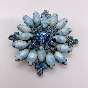 𝅺vtg Juliana DE Blue Stripe Milk Glass Rhinestone Flower Brooch 2” Confirmed